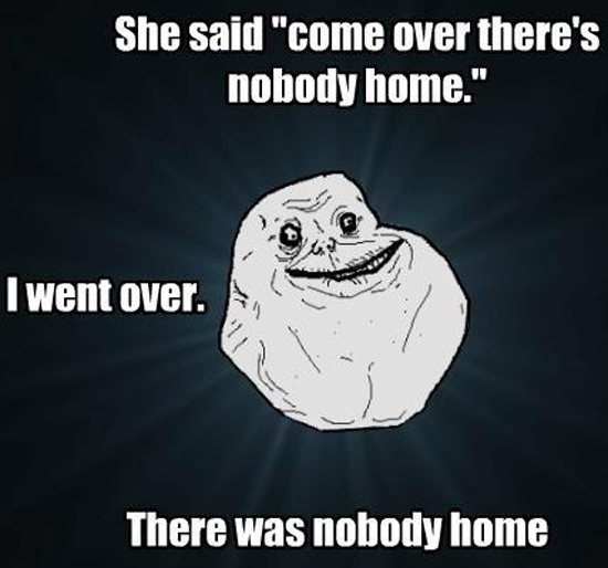 Come over gone over. Forever Alone Cat. Nobody's there. There's Nobody Home.