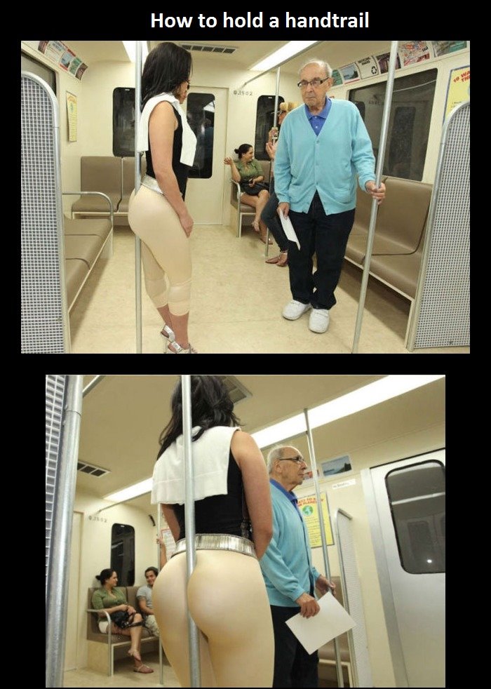 How to hold a handtrail. More crazy people you can meet in train(bus) - www.humorsharing.com/contrast-of-people-in-subway/2308